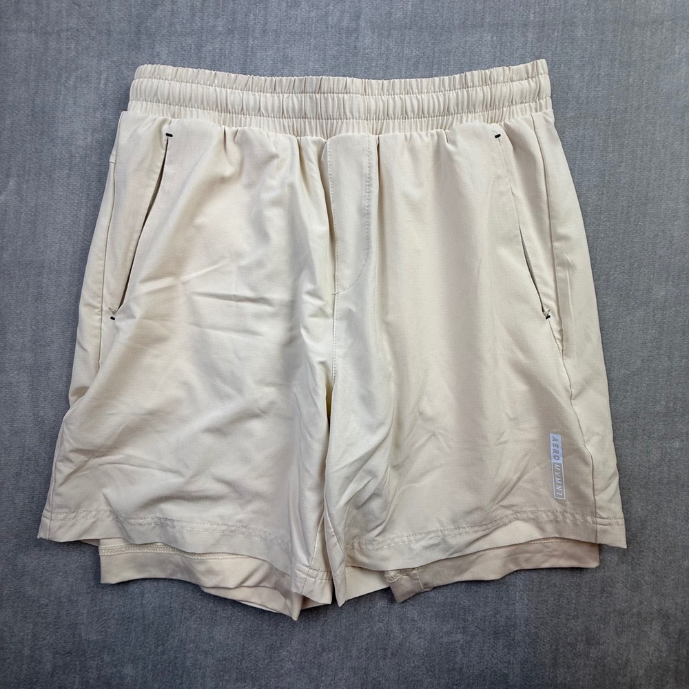 Aero Mvmnt Mens 5 Inch Inseam Lined Athletic Ripstop Shorts Tan Beige Large